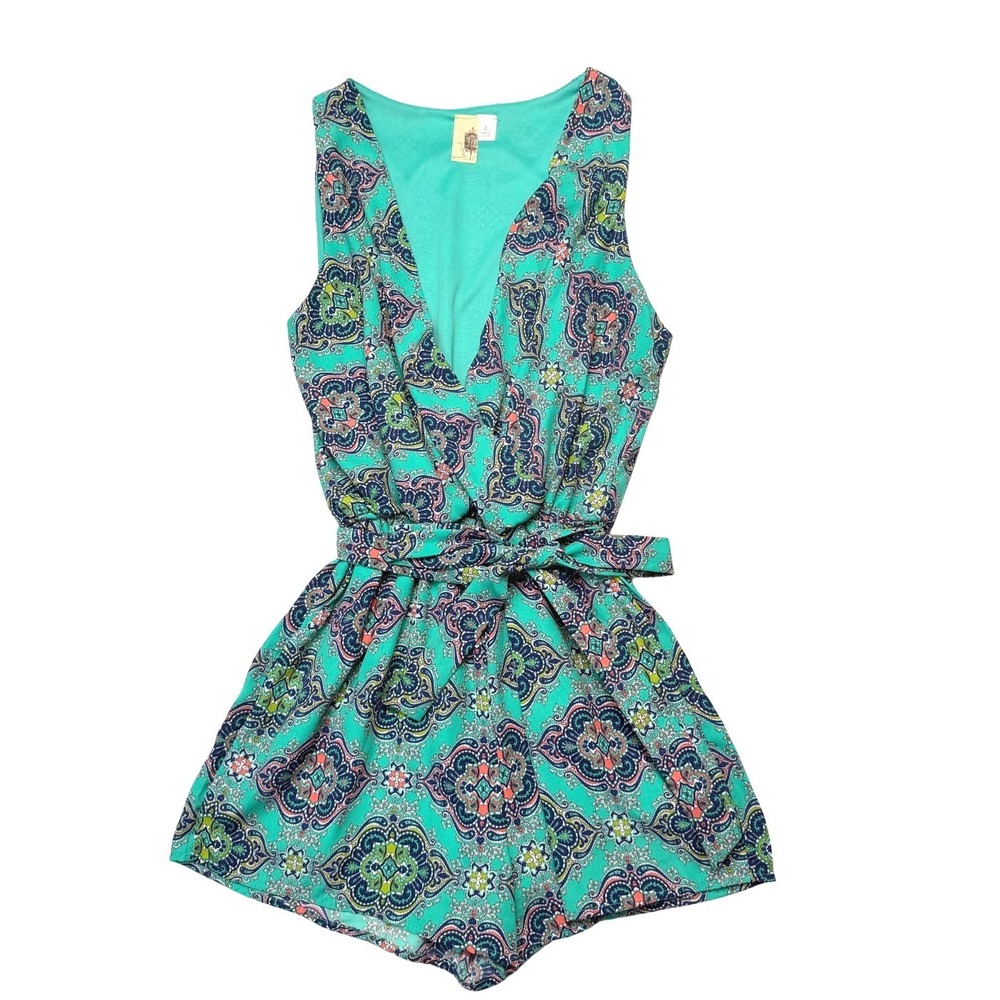 Y2K Teal Paisley Sleeveless Large Romper V-Neck Pockets Stretchy Boho Coquette